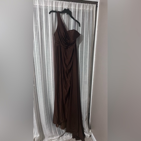 NEVER WORN: One shoulder Chocolate brown satin evening gown Size 10 - Picture 1 of 2
